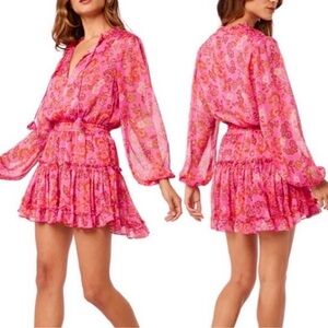 MISA Lorena Floral Pink V-neck Long Sleeve Mini‎ Dress extra small
